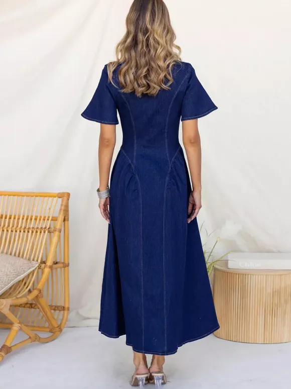 Button Front Denim Long Dress For Women - Dark Blue Boho A-Line Fit And Flare Short Sleeve Jean Dress - Summer Daily Casual 2026