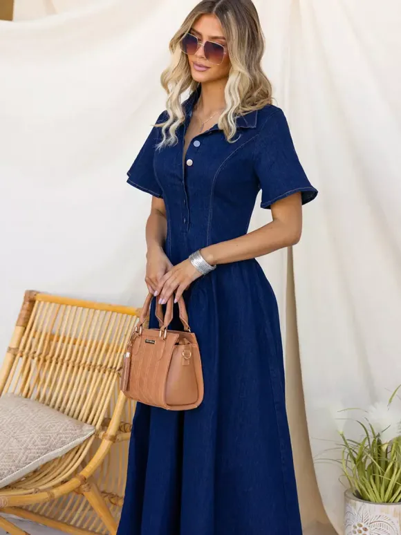 Button Front Denim Long Dress For Women - Dark Blue Boho A-Line Fit And Flare Short Sleeve Jean Dress - Summer Daily Casual 2026