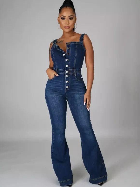 Button Up Washed Denim Jumpsuit For Women - Dark Blue Retro Bodycon Flare Leg Overalls - Summer Chic Streetwear 2026