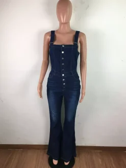 Button Up Washed Denim Jumpsuit For Women - Dark Blue Retro Bodycon Flare Leg Overalls - Summer Chic Streetwear 2026