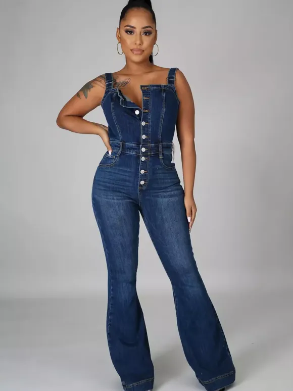 Button Up Washed Denim Jumpsuit For Women - Dark Blue Retro Bodycon Flare Leg Overalls - Summer Chic Streetwear 2026