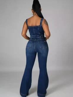 Button Up Washed Denim Jumpsuit For Women - Dark Blue Retro Bodycon Flare Leg Overalls - Summer Chic Streetwear 2026