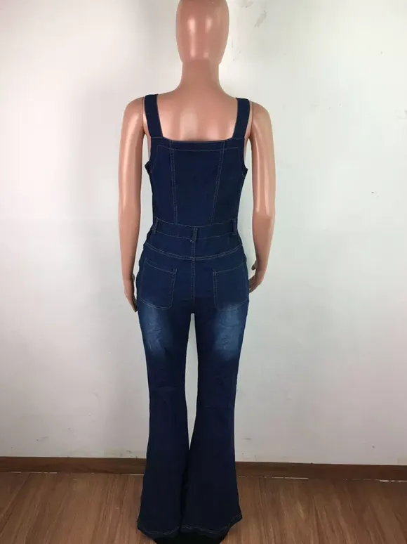 Button Up Washed Denim Jumpsuit For Women - Dark Blue Retro Bodycon Flare Leg Overalls - Summer Chic Streetwear 2026