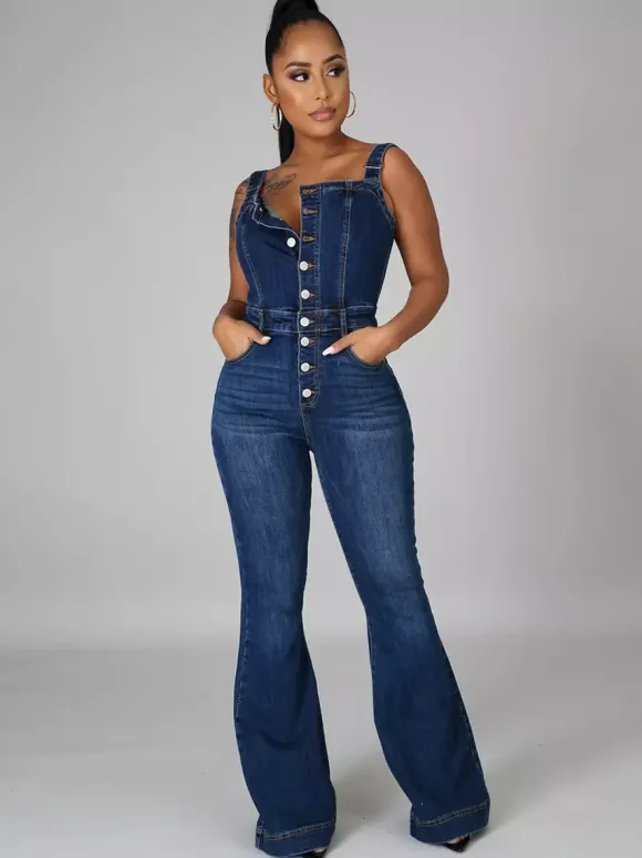 Button Up Washed Denim Jumpsuit For Women - Dark Blue Retro Bodycon Flare Leg Overalls - Summer Chic Streetwear 2026