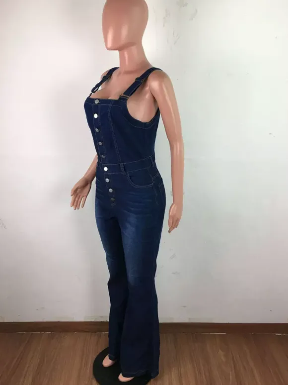 Button Up Washed Denim Jumpsuit For Women - Dark Blue Retro Bodycon Flare Leg Overalls - Summer Chic Streetwear 2026