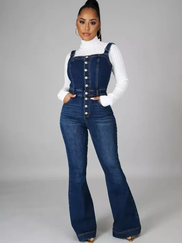 Button Up Washed Denim Jumpsuit For Women - Dark Blue Retro Bodycon Flare Leg Overalls - Summer Chic Streetwear 2026