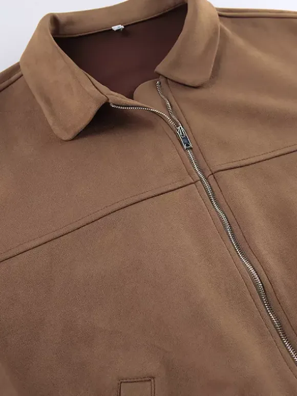 Camel Faux Suede Women's Bomber Jacket - Retro Zip Up Elastic Hem Relaxed Fit - Spring Daily Casual Streetwear 2026