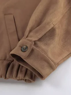 Camel Faux Suede Women's Bomber Jacket - Retro Zip Up Elastic Hem Relaxed Fit - Spring Daily Casual Streetwear 2026