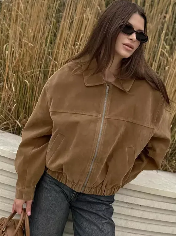 Camel Faux Suede Women's Bomber Jacket - Retro Zip Up Elastic Hem Relaxed Fit - Spring Daily Casual Streetwear 2026