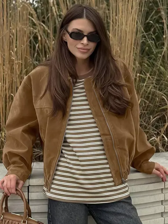 Camel Faux Suede Women's Bomber Jacket - Retro Zip Up Elastic Hem Relaxed Fit - Spring Daily Casual Streetwear 2026