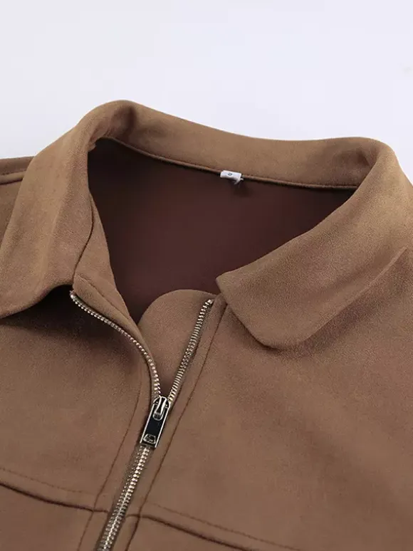 Camel Faux Suede Women's Bomber Jacket - Retro Zip Up Elastic Hem Relaxed Fit - Spring Daily Casual Streetwear 2026