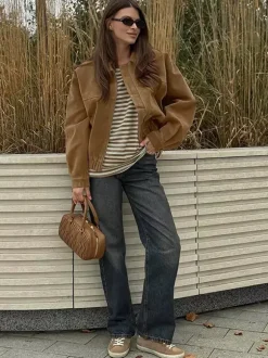 Camel Faux Suede Women's Bomber Jacket - Retro Zip Up Elastic Hem Relaxed Fit - Spring Daily Casual Streetwear 2026