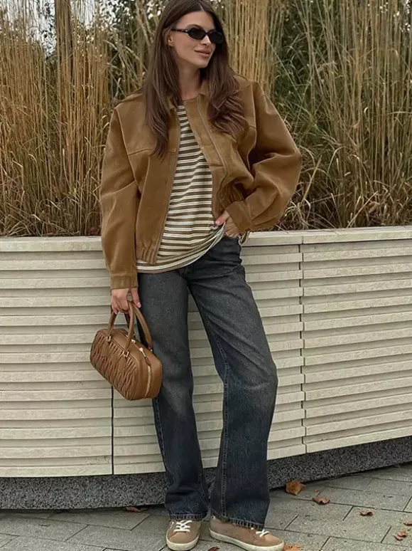 Camel Faux Suede Women's Bomber Jacket - Retro Zip Up Elastic Hem Relaxed Fit - Spring Daily Casual Streetwear 2026