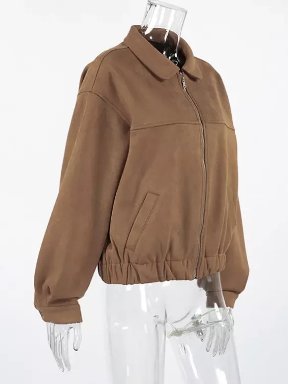Camel Faux Suede Women's Bomber Jacket - Retro Zip Up Elastic Hem Relaxed Fit - Spring Daily Casual Streetwear 2026