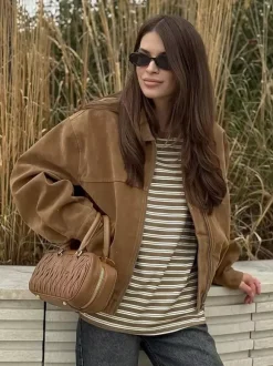 Camel Faux Suede Women's Bomber Jacket - Retro Zip Up Elastic Hem Relaxed Fit - Spring Daily Casual Streetwear 2026
