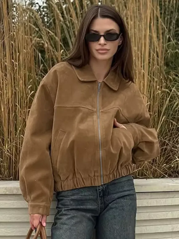 Camel Faux Suede Women's Bomber Jacket - Retro Zip Up Elastic Hem Relaxed Fit - Spring Daily Casual Streetwear 2026