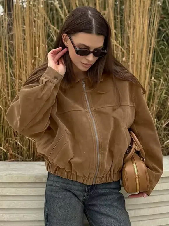 Camel Faux Suede Women's Bomber Jacket - Retro Zip Up Elastic Hem Relaxed Fit - Spring Daily Casual Streetwear 2026