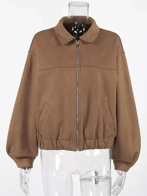 Camel Faux Suede Women's Bomber Jacket - Retro Zip Up Elastic Hem Relaxed Fit - Spring Daily Casual Streetwear 2026