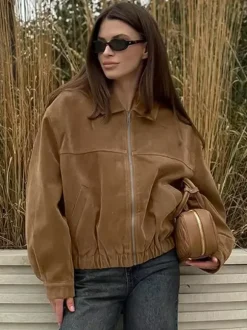 Camel Faux Suede Women's Bomber Jacket - Retro Zip Up Elastic Hem Relaxed Fit - Spring Daily Casual Streetwear 2026