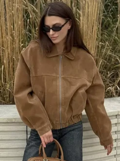 Camel Faux Suede Women's Bomber Jacket - Retro Zip Up Elastic Hem Relaxed Fit - Spring Daily Casual Streetwear 2026