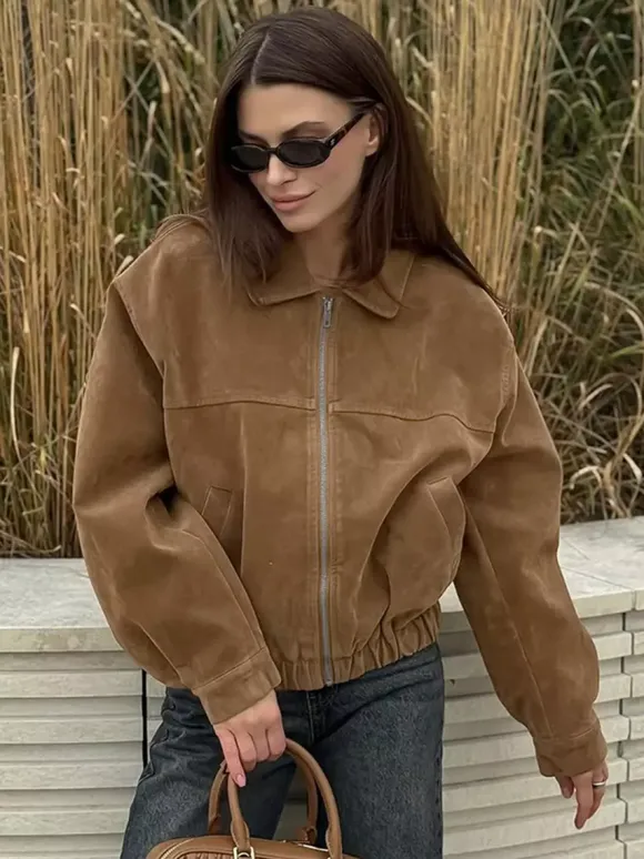 Camel Faux Suede Women's Bomber Jacket - Retro Zip Up Elastic Hem Relaxed Fit - Spring Daily Casual Streetwear 2026