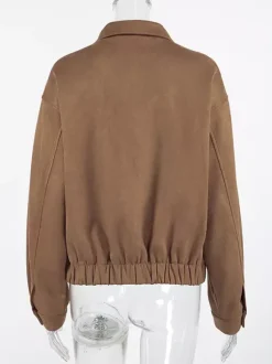 Camel Faux Suede Women's Bomber Jacket - Retro Zip Up Elastic Hem Relaxed Fit - Spring Daily Casual Streetwear 2026