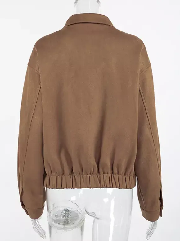 Camel Faux Suede Women's Bomber Jacket - Retro Zip Up Elastic Hem Relaxed Fit - Spring Daily Casual Streetwear 2026
