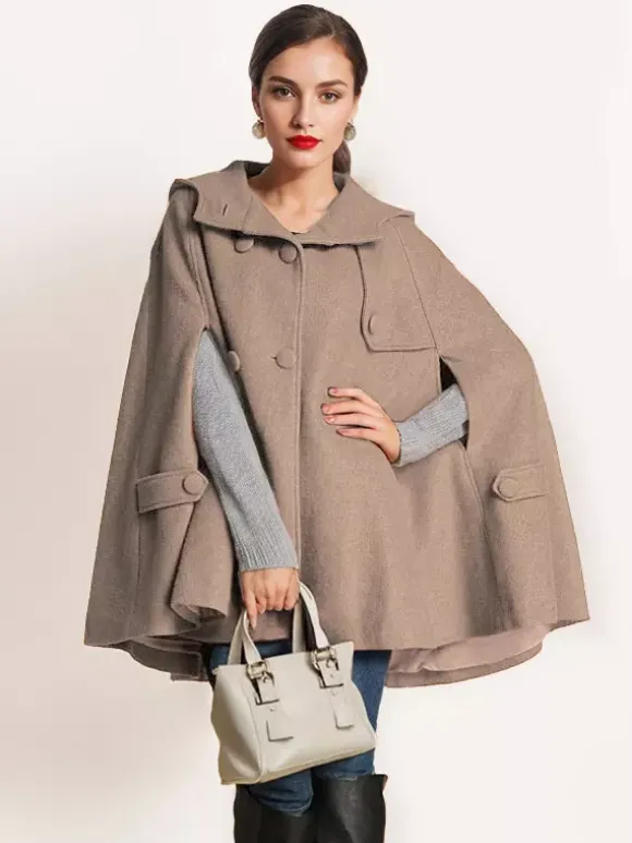 Camel Hooded Woolen Cape Coat For Women Oversized Poncho Winter Outerwear 2026