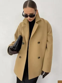 Camel Double Breasted Women Pea Coat - Minimalist Notch Lapel Boxy Fit - Quiet Luxury Spring Streetwear 2026