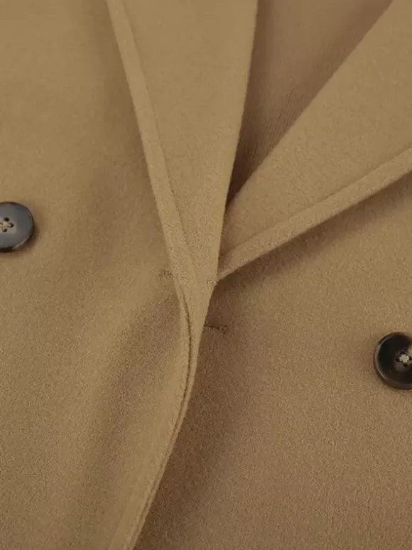 Camel Double Breasted Women Pea Coat - Minimalist Notch Lapel Boxy Fit - Quiet Luxury Spring Streetwear 2026