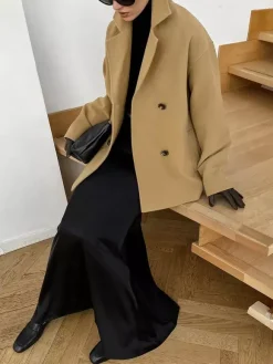 Camel Double Breasted Women Pea Coat - Minimalist Notch Lapel Boxy Fit - Quiet Luxury Spring Streetwear 2026