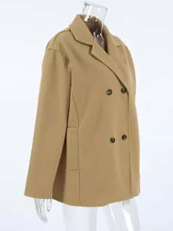 Camel Double Breasted Women Pea Coat - Minimalist Notch Lapel Boxy Fit - Quiet Luxury Spring Streetwear 2026