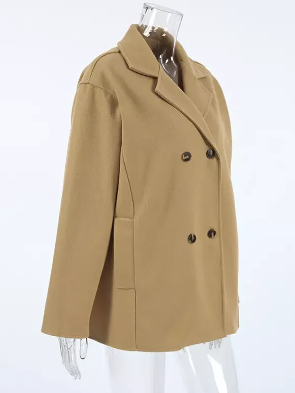 Camel Double Breasted Women Pea Coat - Minimalist Notch Lapel Boxy Fit - Quiet Luxury Spring Streetwear 2026