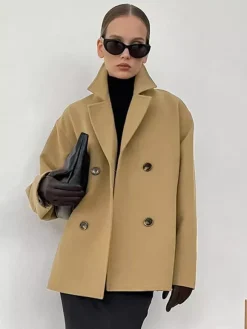 Camel Double Breasted Women Pea Coat - Minimalist Notch Lapel Boxy Fit - Quiet Luxury Spring Streetwear 2026