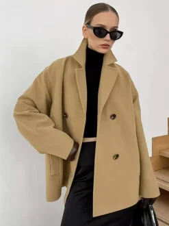 Camel Double Breasted Women Pea Coat - Minimalist Notch Lapel Boxy Fit - Quiet Luxury Spring Streetwear 2026
