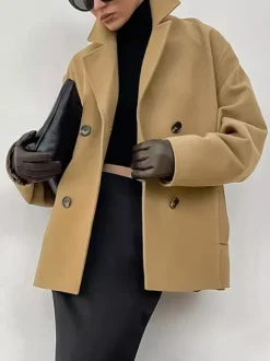 Camel Double Breasted Women Pea Coat - Minimalist Notch Lapel Boxy Fit - Quiet Luxury Spring Streetwear 2026