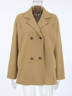 Camel Double Breasted Women Pea Coat - Minimalist Notch Lapel Boxy Fit - Quiet Luxury Spring Streetwear 2026