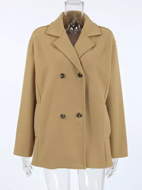 Camel Double Breasted Women Pea Coat - Minimalist Notch Lapel Boxy Fit - Quiet Luxury Spring Streetwear 2026
