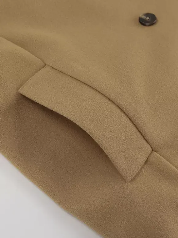 Camel Double Breasted Women Pea Coat - Minimalist Notch Lapel Boxy Fit - Quiet Luxury Spring Streetwear 2026