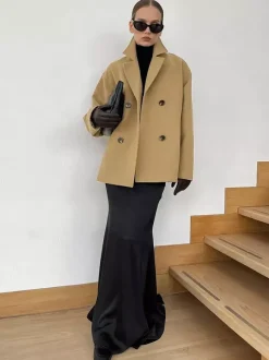 Camel Double Breasted Women Pea Coat - Minimalist Notch Lapel Boxy Fit - Quiet Luxury Spring Streetwear 2026