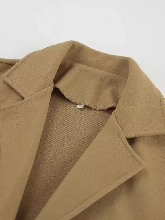 Camel Double Breasted Women Pea Coat - Minimalist Notch Lapel Boxy Fit - Quiet Luxury Spring Streetwear 2026
