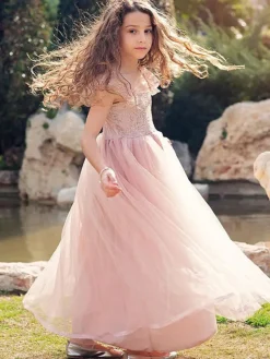 Cameo Brown Flower Girl Dresses Jewel Neck Sleeveless Ankle-Length A-Line Lace Formal Kids Pageant Dresses