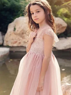Cameo Brown Flower Girl Dresses Jewel Neck Sleeveless Ankle-Length A-Line Lace Formal Kids Pageant Dresses