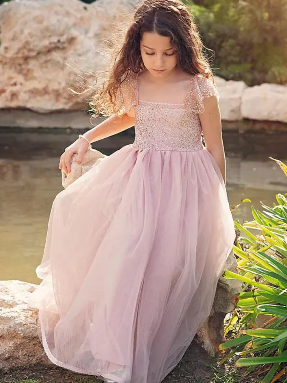 Cameo Brown Flower Girl Dresses Jewel Neck Sleeveless Ankle-Length A-Line Lace Formal Kids Pageant Dresses