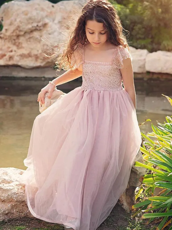 Cameo Brown Flower Girl Dresses Jewel Neck Sleeveless Ankle-Length A-Line Lace Formal Kids Pageant Dresses