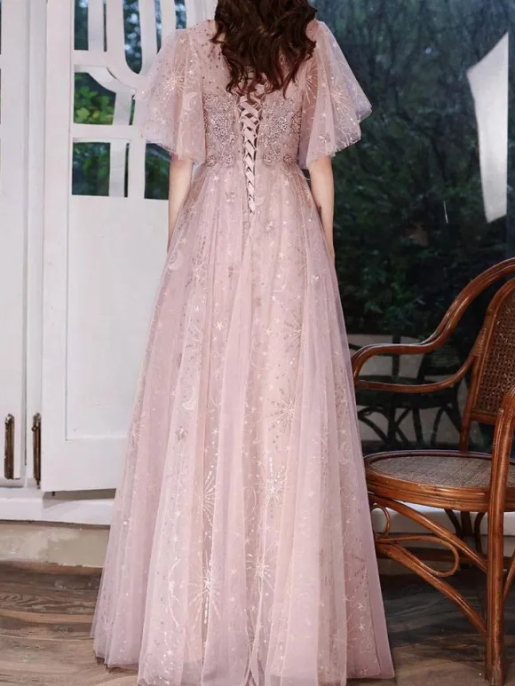 Cameo Brown Prom Dress 2026 A-Line Jewel Neck Half Sleeves Floor-Length Lace-Up Formal Dinner Dresses Wedding Guest Dresses