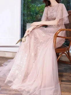 Cameo Brown Prom Dress 2026 A-Line Jewel Neck Half Sleeves Floor-Length Lace-Up Formal Dinner Dresses Wedding Guest Dresses