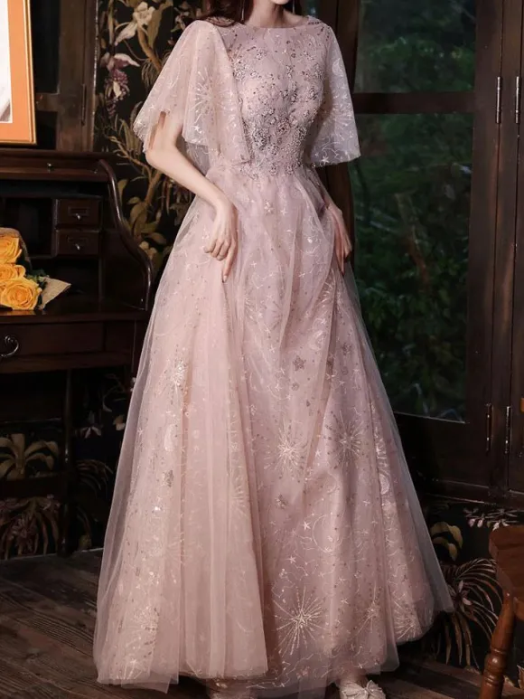Cameo Brown Prom Dress 2026 A-Line Jewel Neck Half Sleeves Floor-Length Lace-Up Formal Dinner Dresses Wedding Guest Dresses