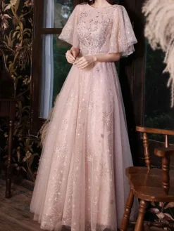 Cameo Brown Prom Dress 2026 A-Line Jewel Neck Half Sleeves Floor-Length Lace-Up Formal Dinner Dresses Wedding Guest Dresses