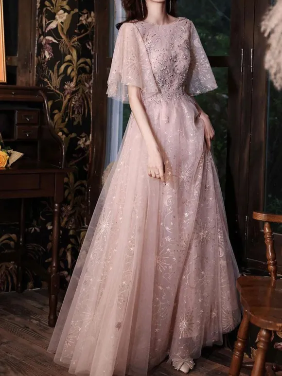 Cameo Brown Prom Dress 2026 A-Line Jewel Neck Half Sleeves Floor-Length Lace-Up Formal Dinner Dresses Wedding Guest Dresses